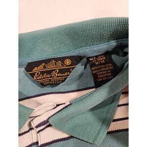 VTG Eddie Bauer Mens Striped Polo Shirt Teal White Blue Short Sleeve Cotton M/M